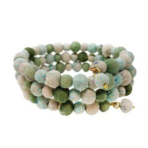 Fair Trade Blue Waves Spiral Bracelet Upcycled Kantha Fabric Beads Boho Handmade